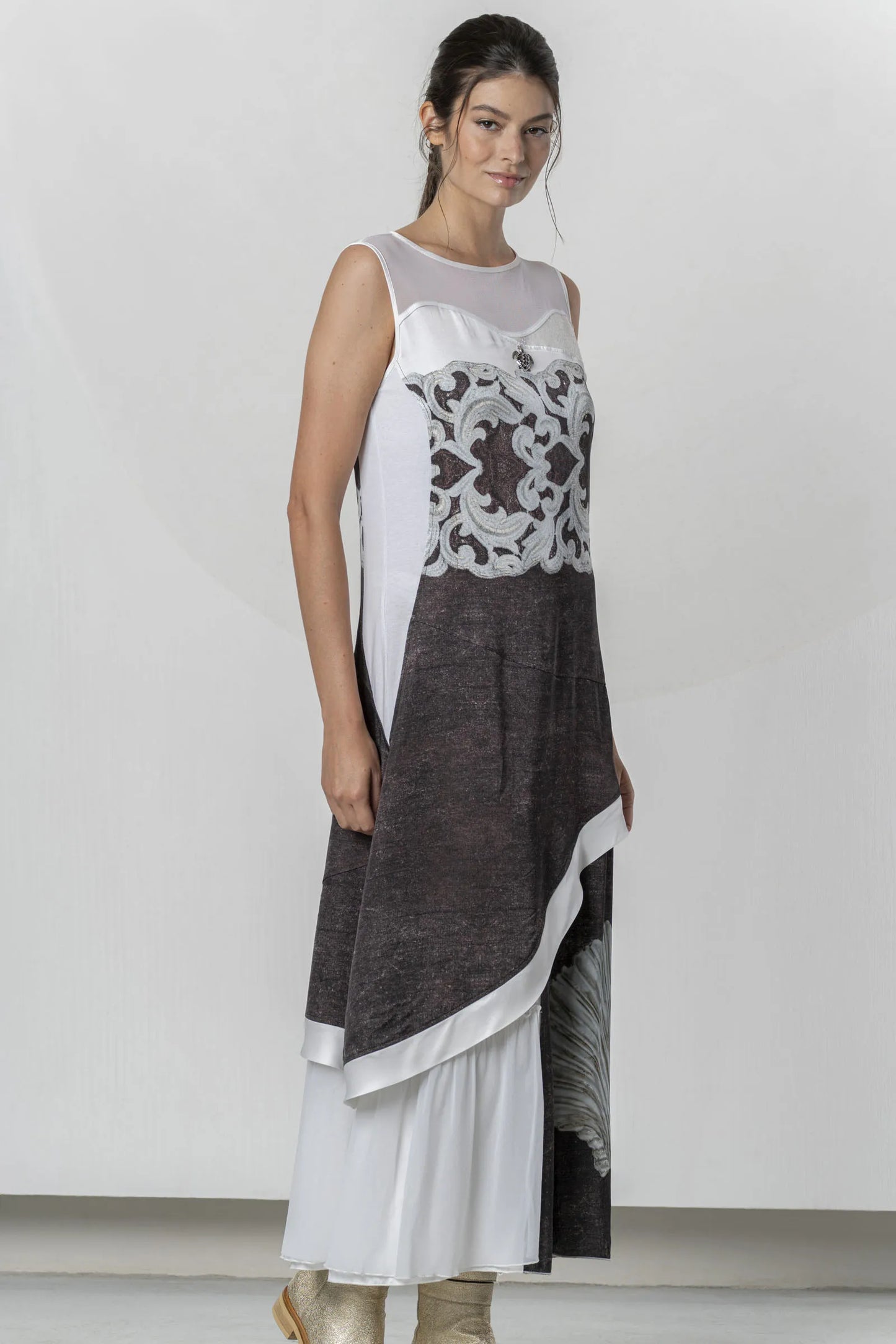 ELISA CAVALETTI Long dress with brown maxi print