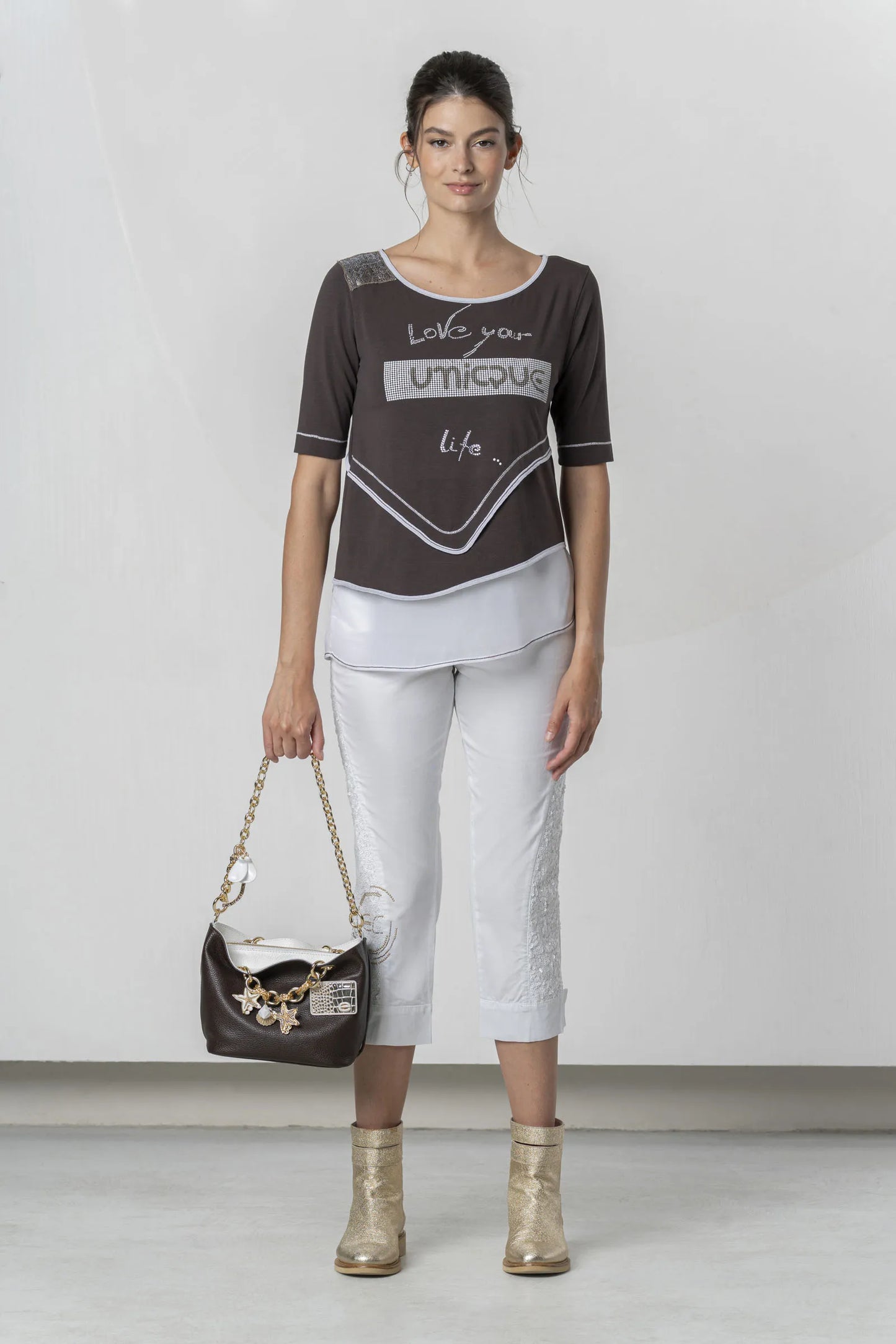 ELISA CAVALETTI Brown and white cotton jersey T-shirt with crystals