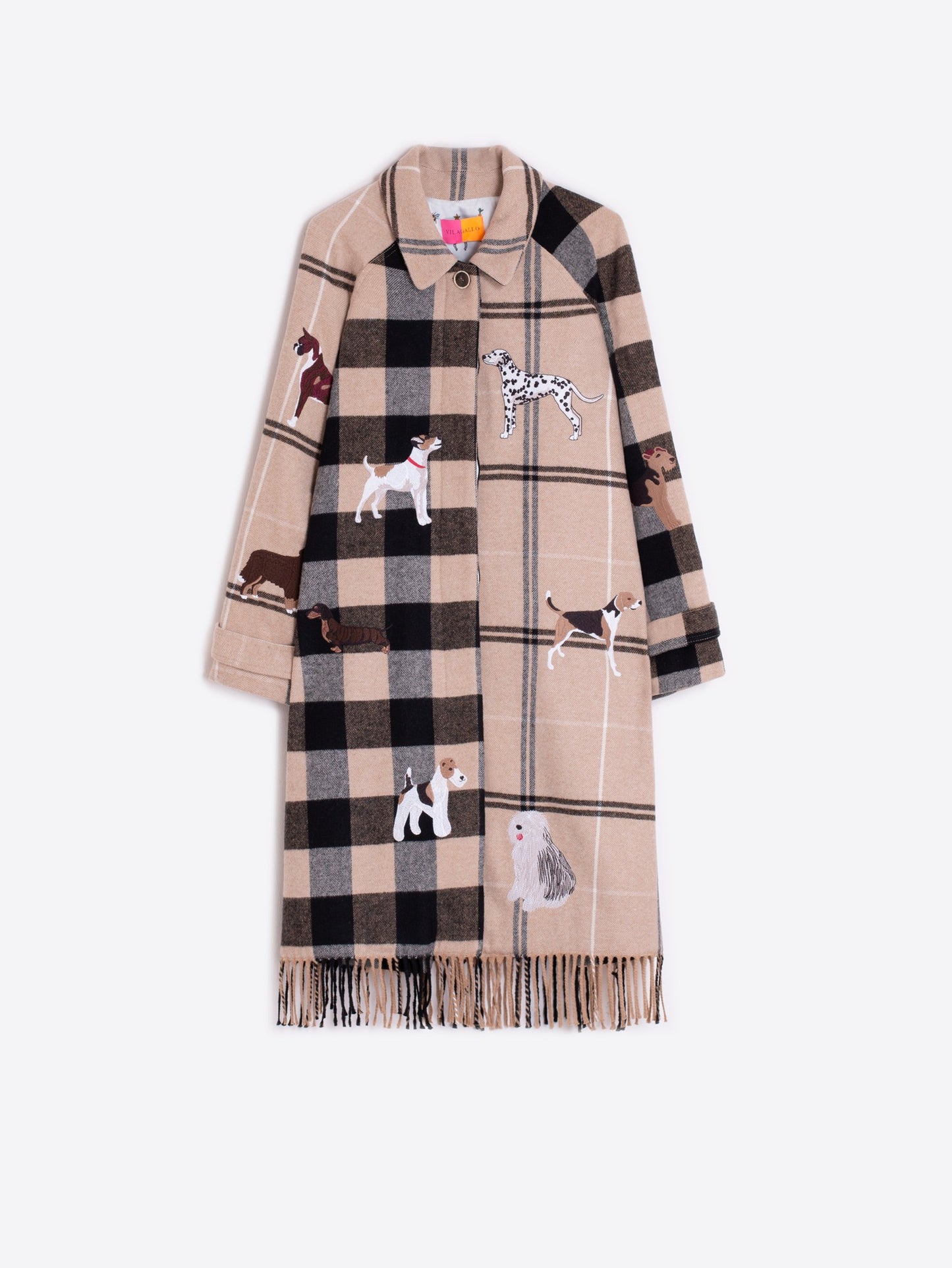 CAMEL COAT WITH DOGS AND FRINGES