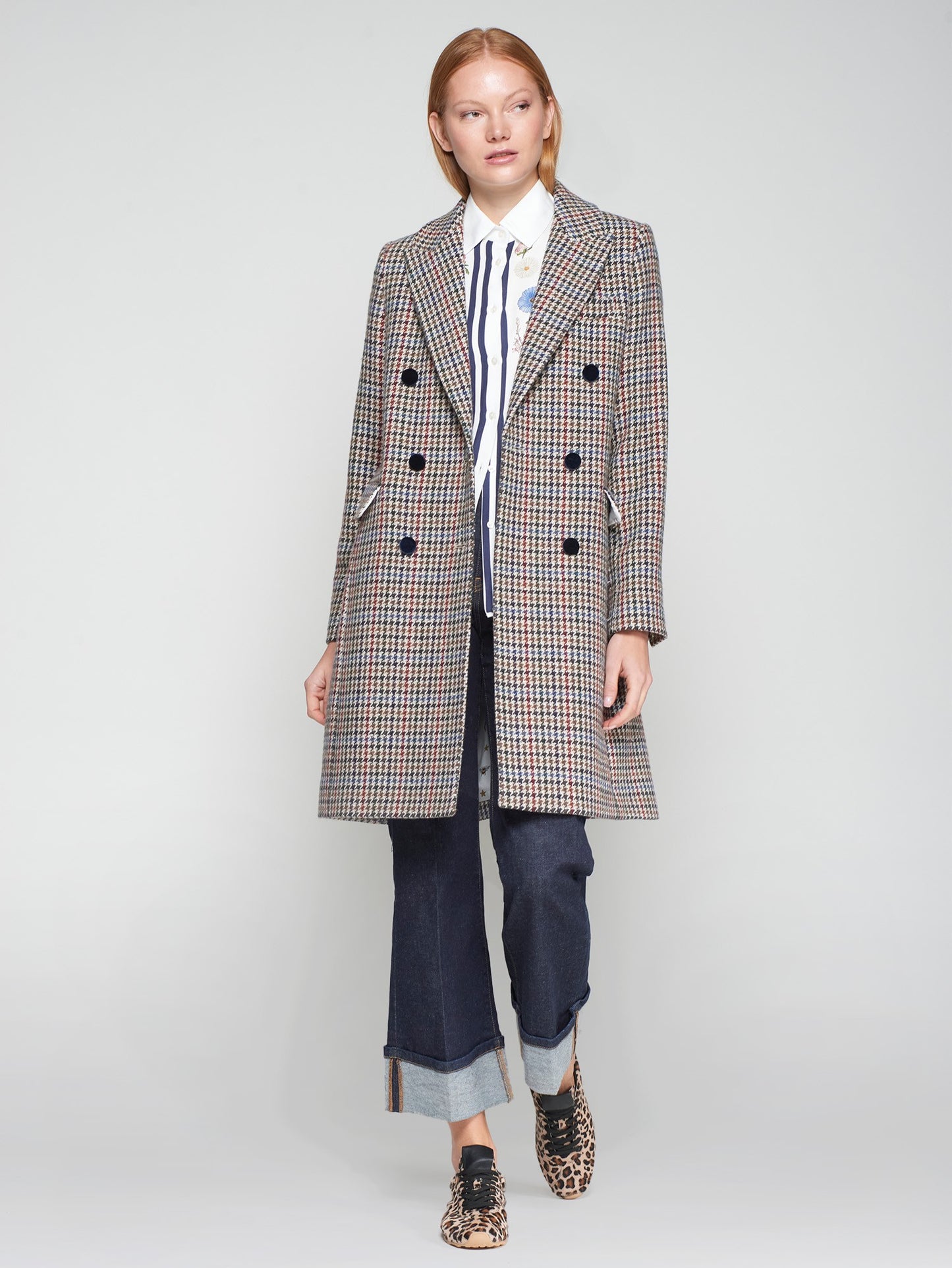 HOUNDSTOOTH WOOL COAT WITH VELVET COLLAR VILAGALLO