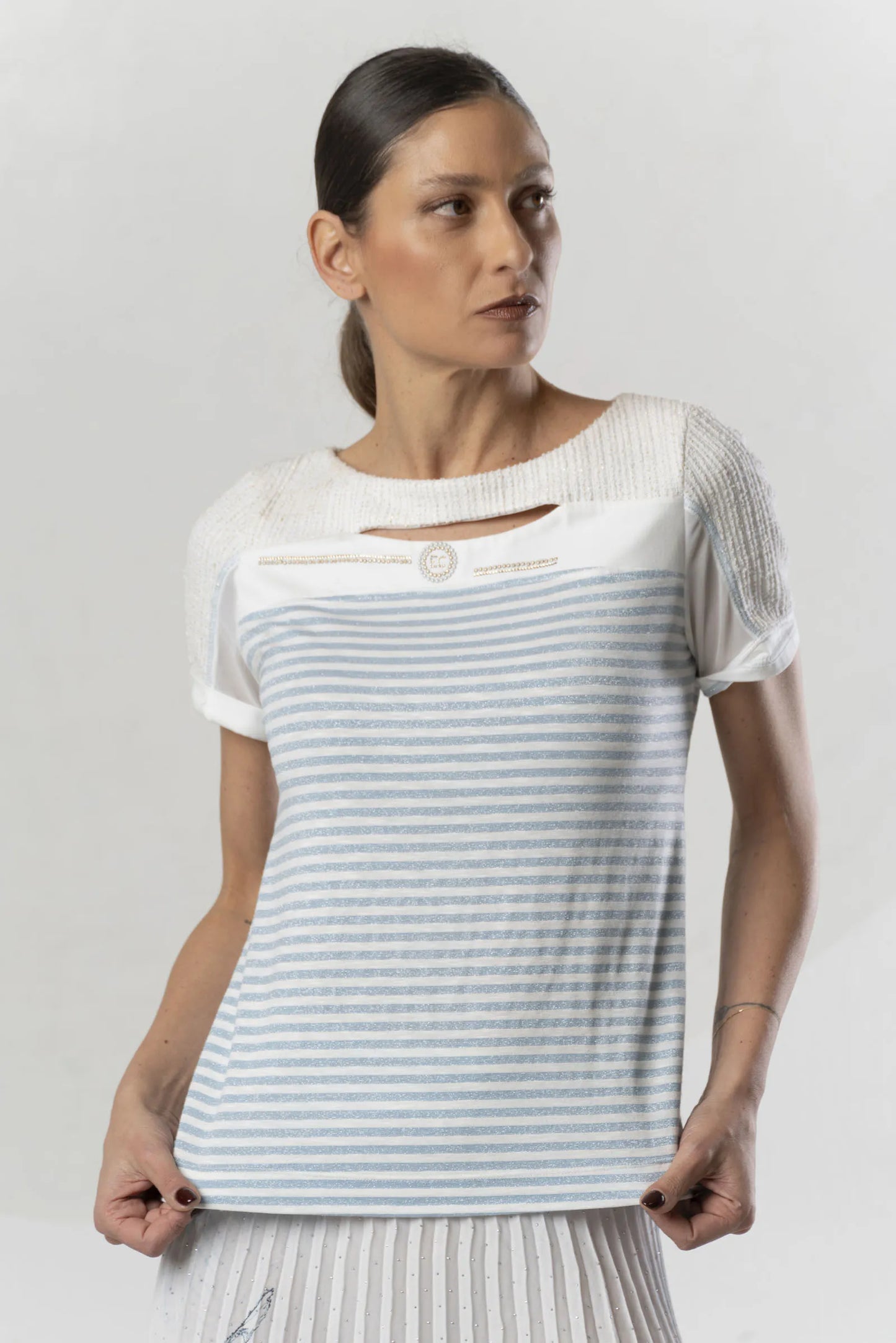 ELISA CAVALETTI White T-shirt with light blue lurex stripes