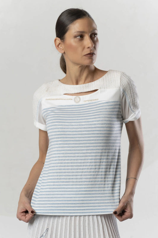 ELISA CAVALETTI White T-shirt with light blue lurex stripes