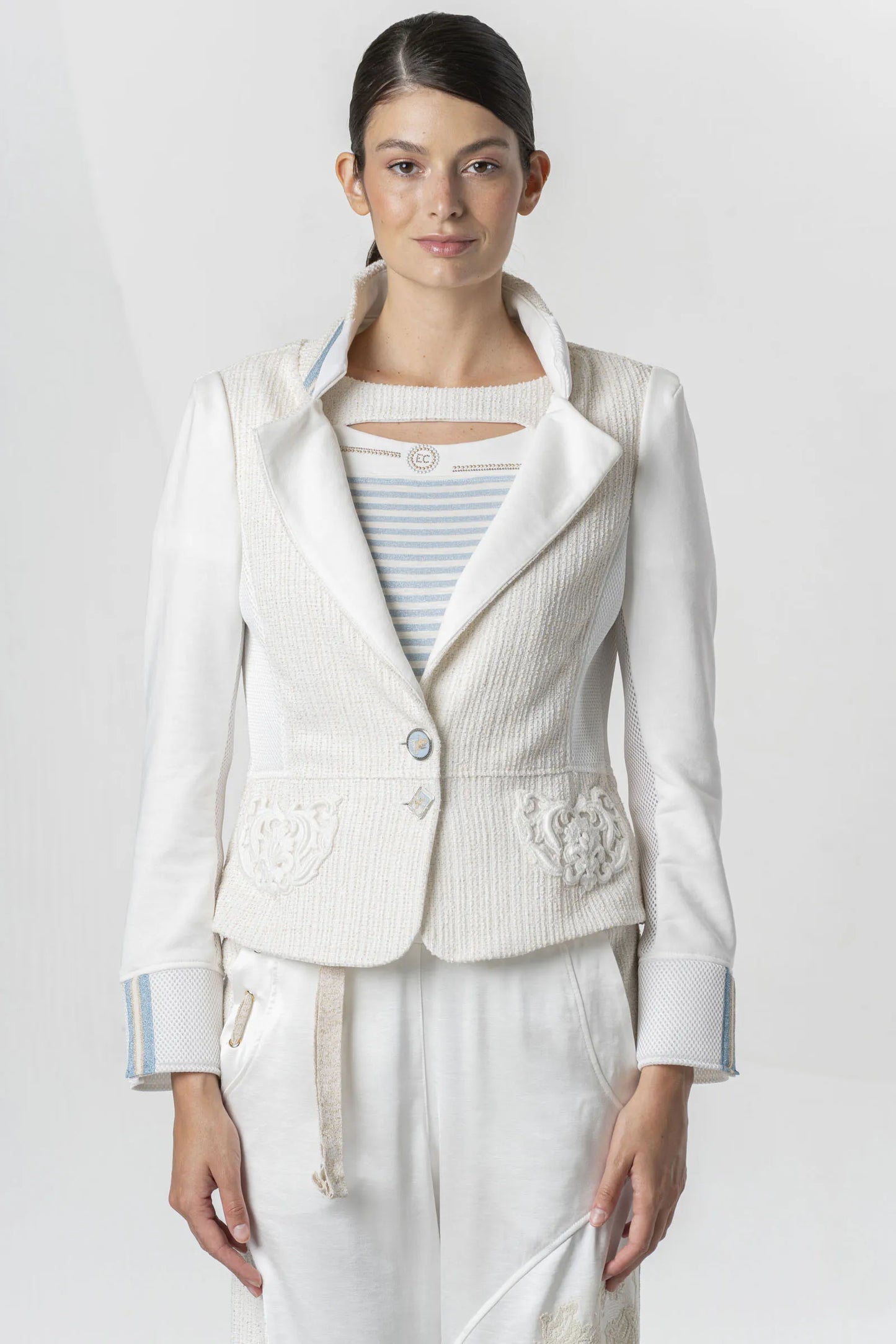 ELISA CAVALETTI Light blue and white blazer with macramé