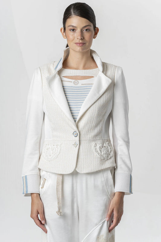 ELISA CAVALETTI Light blue and white blazer with macramé