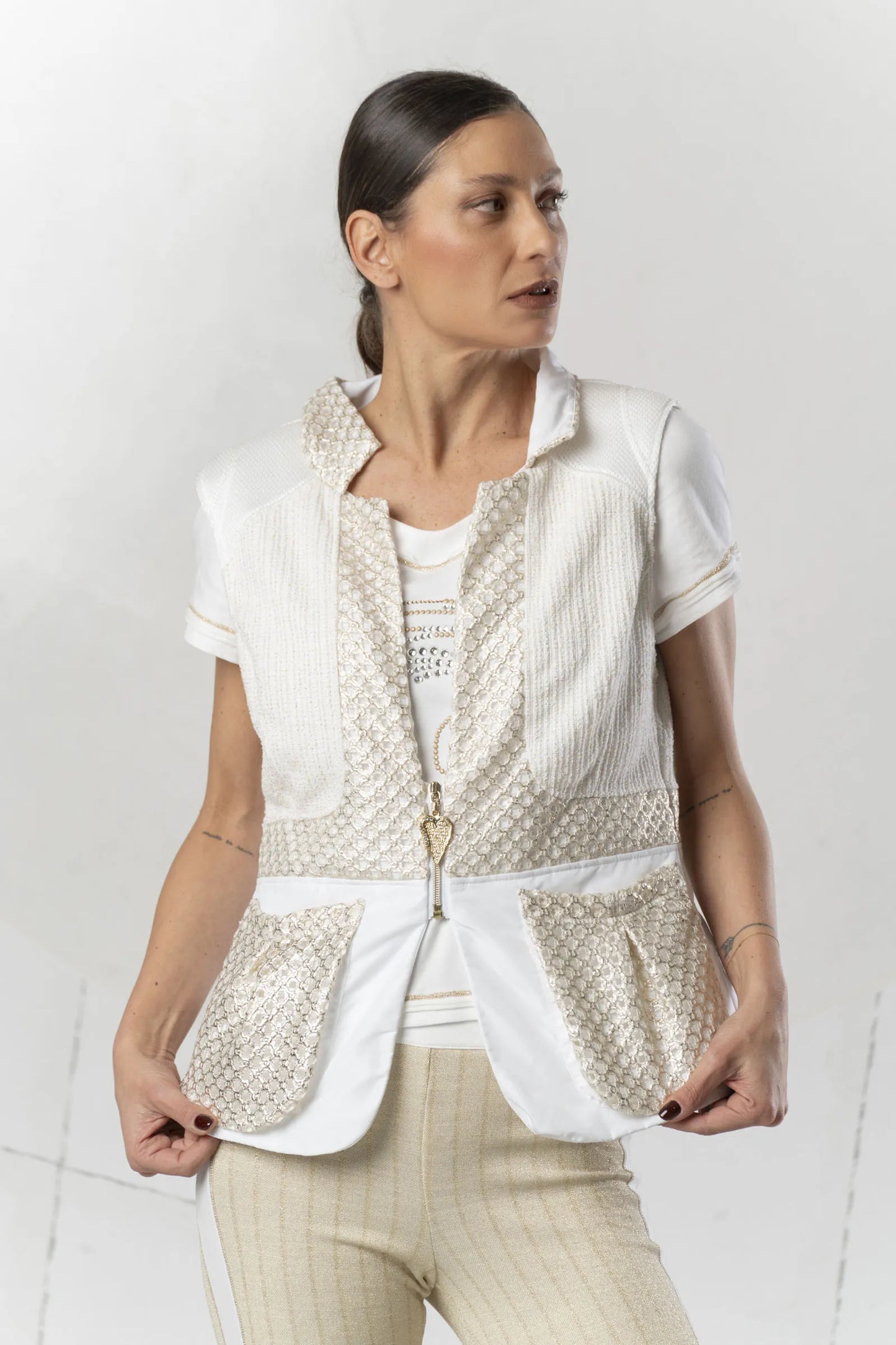 ELISA CAVALETTI White and gold textured vest SKU: 2000013603562