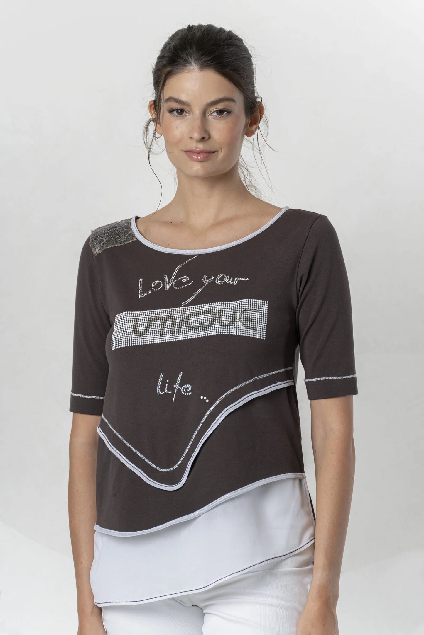 ELISA CAVALETTI Brown and white cotton jersey T-shirt with crystals