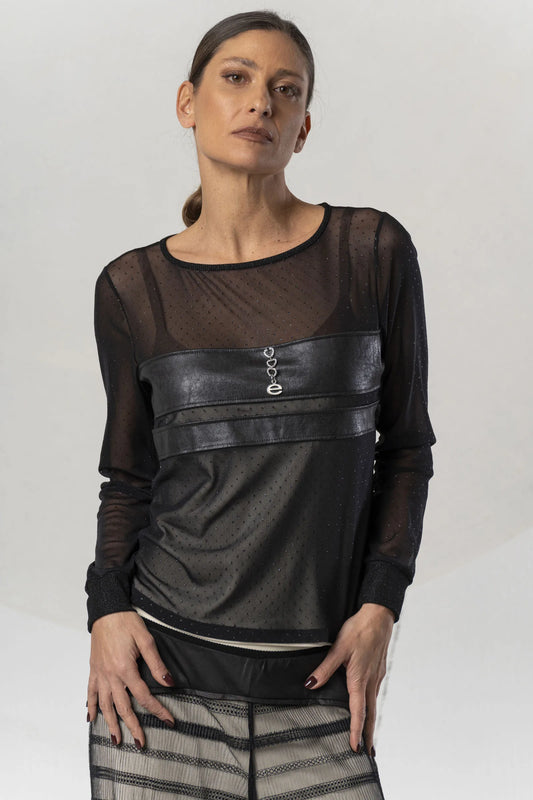 Elisa Cavaletti Black tulle T-shirt with lurex