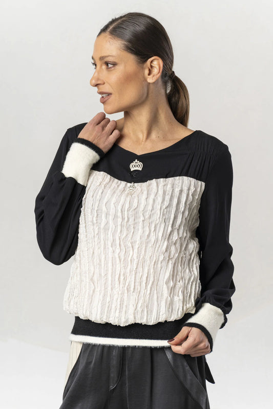 Elisa Cavaletti Black-and-White Gathered Blouse