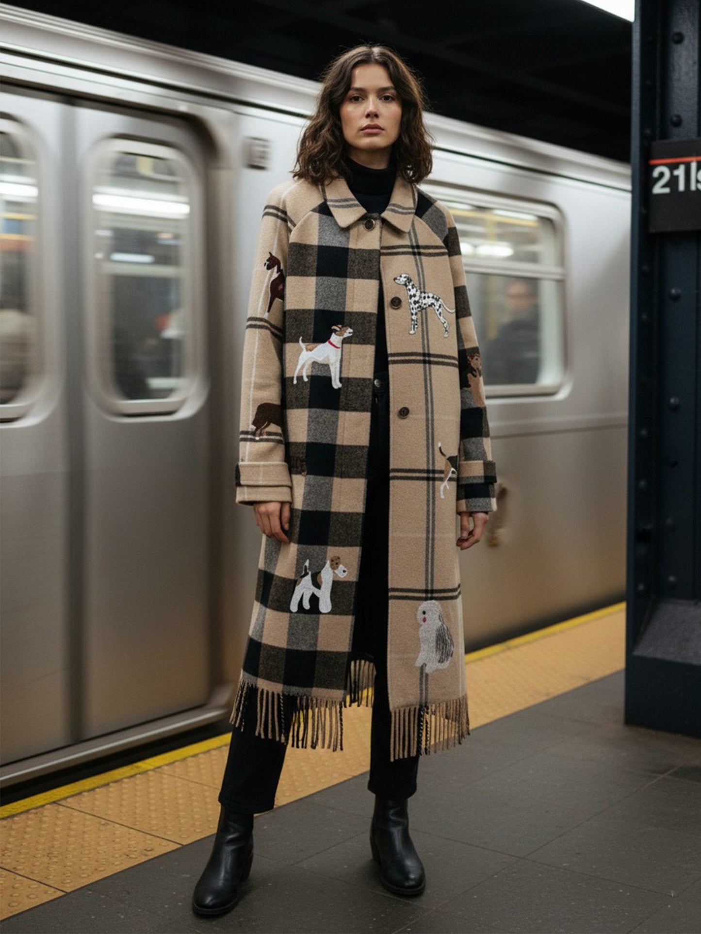 CAMEL COAT WITH DOGS AND FRINGES