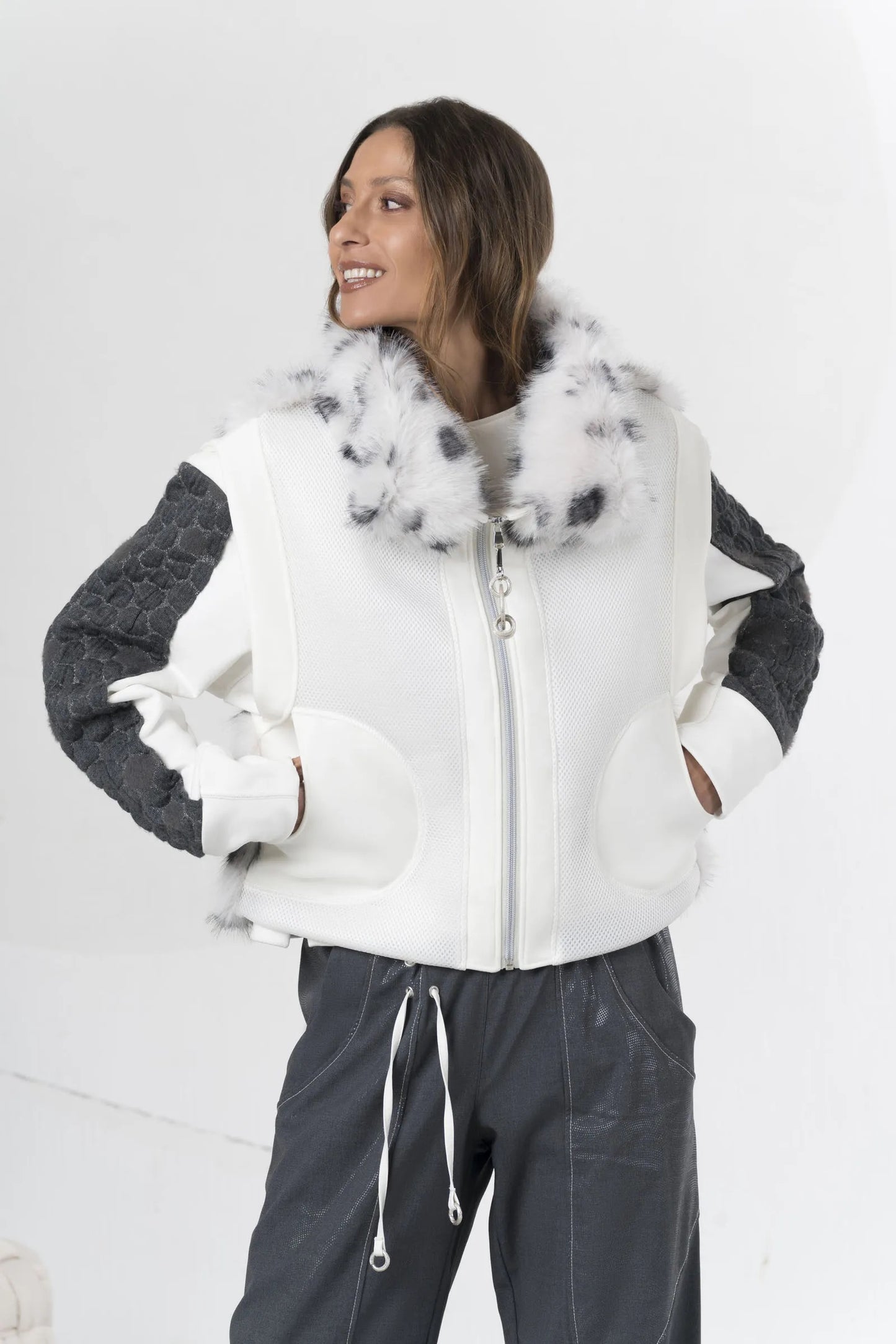 Padded vest with white and charcoal gray spotted faux 23126