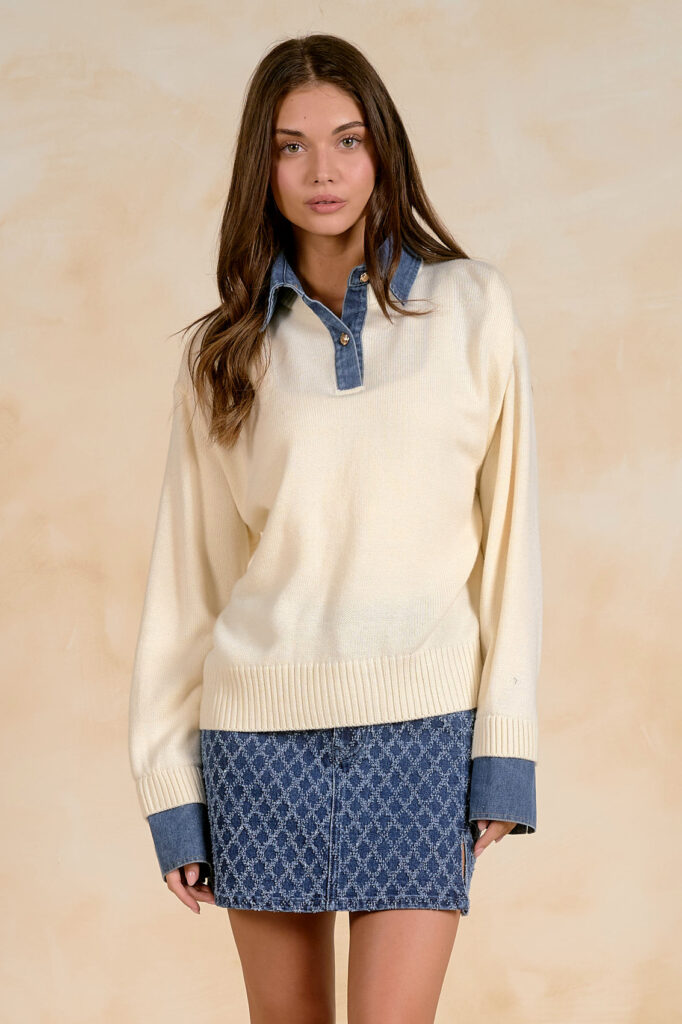 Elan SW11713 off White/Denim Blue Knit Jumper