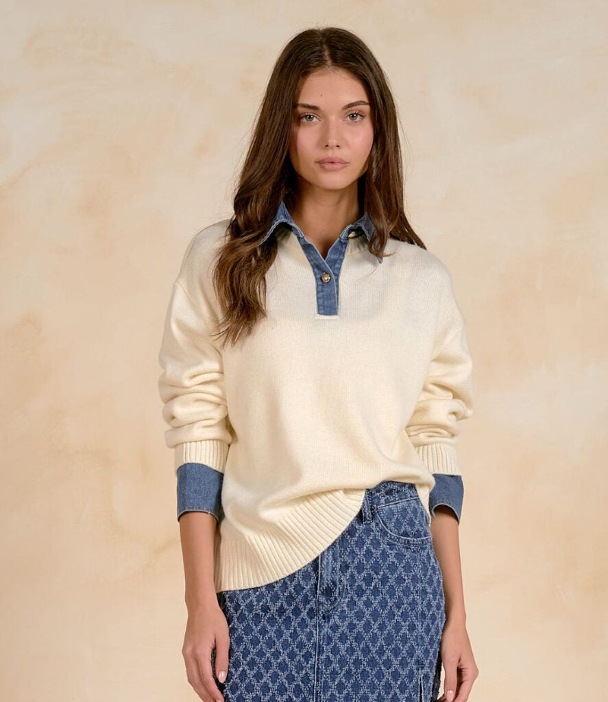 Elan SW11713 off White/Denim Blue Knit Jumper