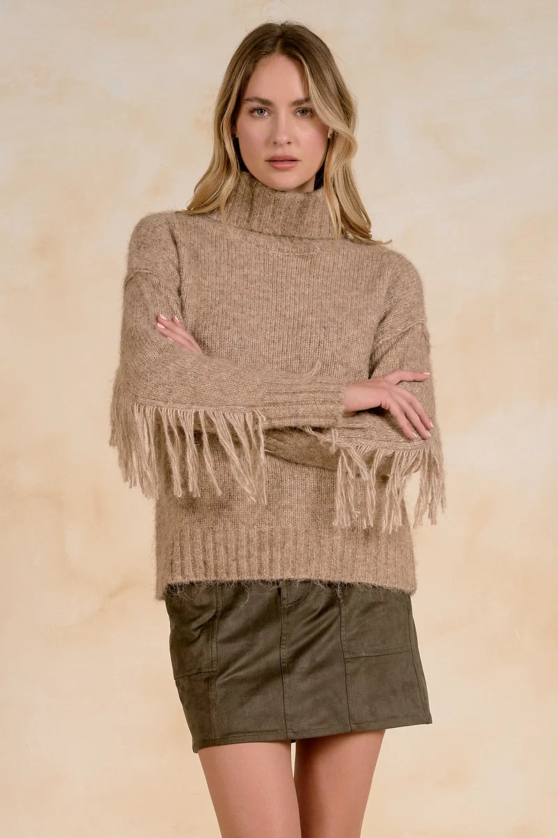 Elan SWF11734 Sweater Turtleneck Fringe Natural Melange