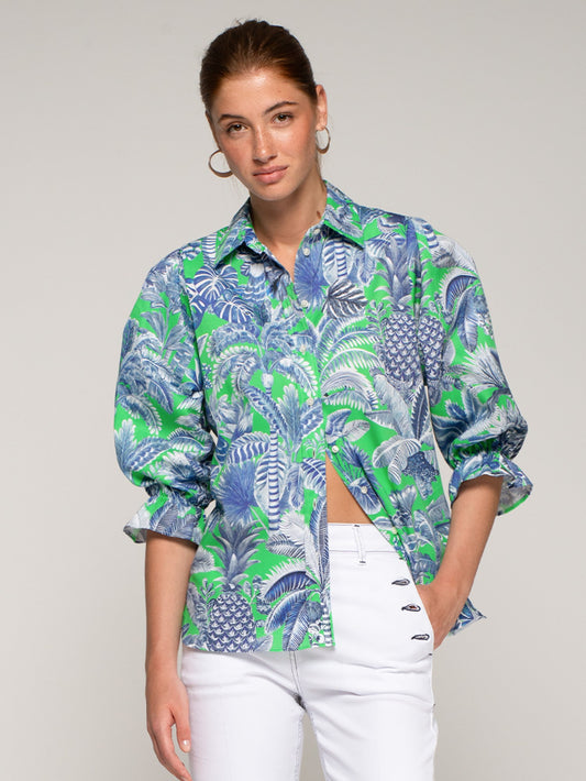 VILAGALLO 33587 - BLUE AND GREEN LEAF PRINT SHIRT
